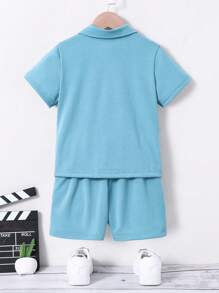 SHEIN Young Boy Short Sleeve Casual Polo Shirt With Alphabet Applique + Shorts Two Pieces Set