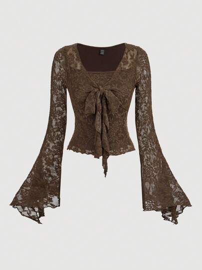 SHEIN MOD Brown Romantic & Elegant Front Tie Blouse, Cute T-Shirt For Women, Autumn/Winter Hollowed Costumes Women Pirate Top Princess Women Costume Going Out Tops