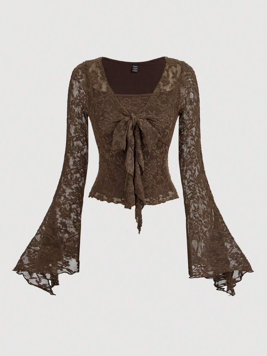 SHEIN MOD Brown Romantic & Elegant Front Tie Blouse, Cute T-Shirt For Women, Autumn/Winter Hollowed Costumes Women Pirate Top Princess Women Costume Going Out Tops - Brown - View 1