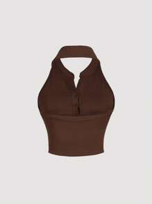 SHEIN MOD Brown Knitted Halter V-Neck Backless Cropped Summer Top - Brown - View 2