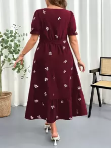 DreamSkyne Plus Size Women's Floral Print Square Collar Elastic Waist Puff Sleeve Dress - Multicolor - View 2