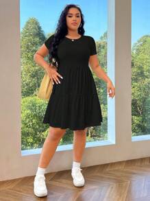 Solflare 大码女装黑色拼接下摆针织连衣裙 - 黑色 - 查看 3