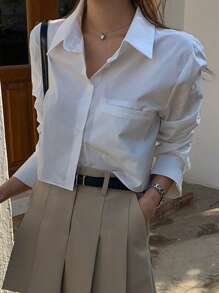 DAZY Solid Color Long Sleeve Casual Shirt,Long Sleeve Tops,Back To School Clothes Preppy Tops Fall - White - View 6