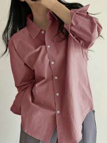 DAZY Ladies' Solid Color Front Button Casual Long Sleeve Shirt,Fall Clothes - Pink - View 2