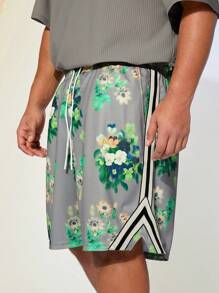 Manfinity VCAY 大码男士宽松网眼面料休闲植物印花短裤 - 彩色 - 查看 6