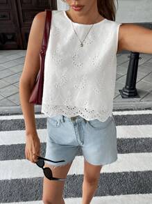 Pariaura Vacation Casual Solid Color Hollow Out Embroidery Sleeveless Shirt
