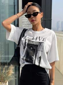 DAZY Áo thun hở vai họa tiết hình và chữ cỡ lớn thời trang Preppy - trắng - Xem 9