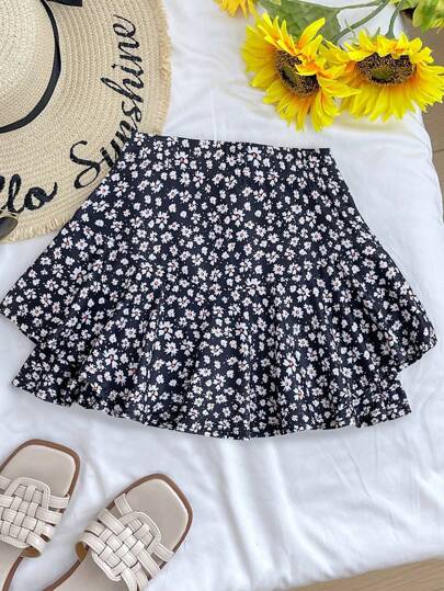 SHEIN TEEN GIRL 黑色碎花可爱迷你裙，适合春夏季，度假风格