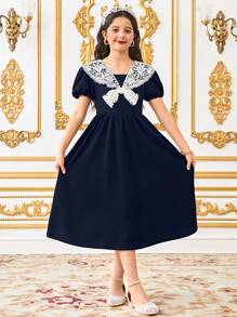 SHEIN Leap Crew Tween Girl Fitted Custom Embroidered Ruffle Collar Casual Puff Sleeve Dress - Navy Blue - View 3