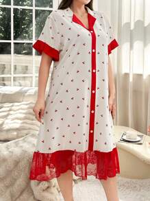 Serenescape Chemise de nuit ample à col en V avec imprimé cerises et bordure à volants en blocs de couleurs, tailles grandes - Multicolore - Voir 4