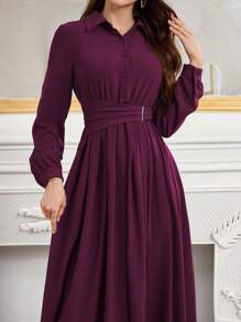Modelyn Simple Button Front Belted Collar Long Sleeve Modest Dress Long Evening Dresses Fall Cloth For Women - Purple - View 8