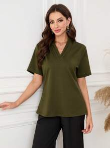 Women's Army Green Pleated V-Neck Loose Casual T-Shirt - Army Green - View 3