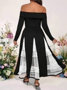 SHEIN LUNE Váy ren xếp ly hở vai thanh lịch cỡ lớn cho nữ - Nhiều màu - Xem 2