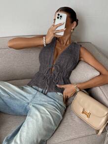 SHEIN Frenchy Women's Textured Deep V-Neck Front Tie Sexy Cami Tank Top Summer Casual - Dark Grey - View 3