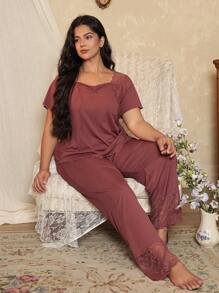 Côtesoire Conjunto de pijama de talla grande con parches de encaje y estilo minimalista