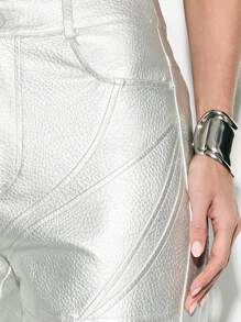 KIZN Metallic Moto PU Leather Wide Leg Pants Holographic High Rise Statement Trousers Winter Party Club Disco Y2K Festival Fashion - Silver - View 4