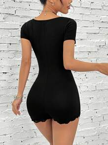SHEIN EZwear Women's Solid Color Lace Trim Romper - Black - View 2