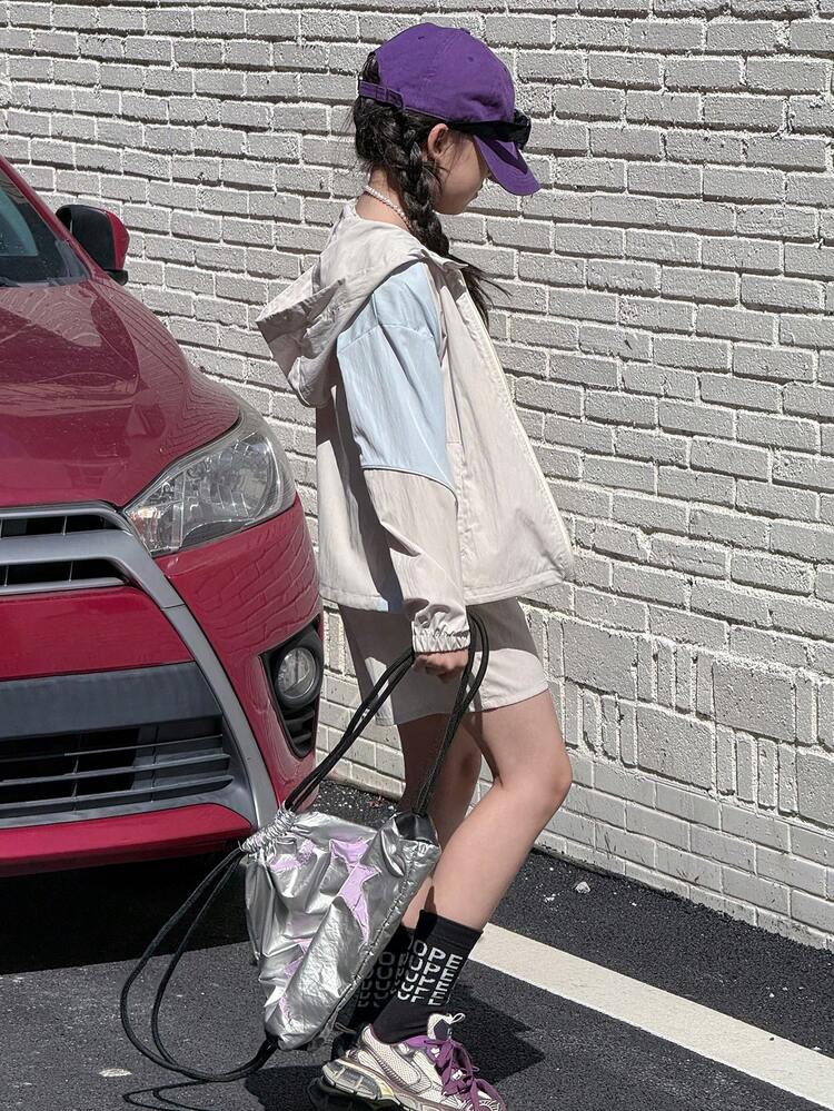 Tween Girls Contrast Color Long Sleeve Hooded Jacket And Shorts Casual Outfit Set,Girls Summer Outfits,Back To School Clothes