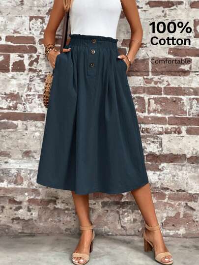 SHEIN LUNE Paperbag Waist Hidden Pocket Button Detail Skirt