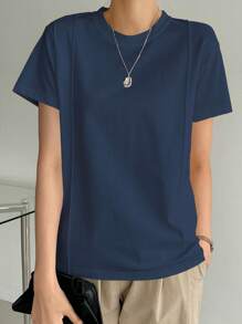 Dazy-Less 纯色缝线细节T恤，复古风格商务休闲女士工作服 - 藏蓝色 - 查看 5