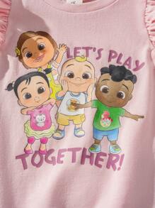 CoComelon X SHEIN 2pcs Baby Girl Cartoon Figure Graphic Knit Round Neck Sleeveless Top And Biker Shorts Set