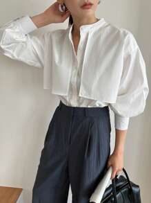 Dazy-Less Solid Button Front Drop Shoulder Shirt Old Money Style Business Casual Women Long Sleeve Top - White - View 13