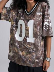 Easelle Summer Sport Women's Casual V-Neck Loose Fit Letter & Number Print Short Sleeve Knitted Mesh Jersey T-Shirt For Ball Games 2025 New Arrival