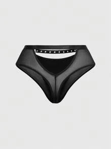 ROMWE Grunge Punk Plus Size Dark Punk Fishnet Elastic Waist Hollow Triangle Brief Panties - Black - View 2