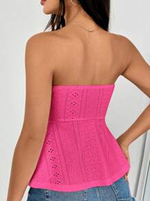 SHEIN EZwear Eyelet Embroidery Solid Ruffle Hem Tube Top - Hot Pink - View 2