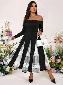 SHEIN LUNE Váy ren xếp ly hở vai thanh lịch cỡ lớn cho nữ - Nhiều màu - Xem 5