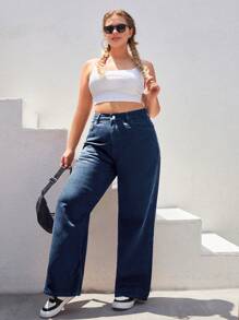 EURMUSE 98%Cotton Plus High Waist Wide Leg Jeans - Dark Wash - View 4