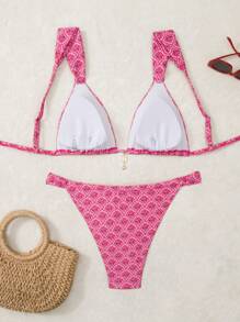 Swim Mod Plus Size Women 2szt. Losowy kwiatowy złoty odpinany pasek Elegancki zestaw strojów kąpielowych na plażę