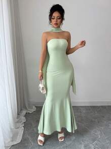 Elenzga Romantic & Elegant Scarf Collar Mermaid Dress - Green - View 4