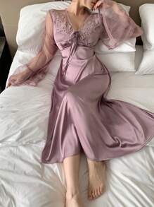 DAZY Váy ngủ ren viền lưới và satin lãng mạn dành cho nữ, đồ ngủ xuân/hè, thu, đông - Màu tím - Xem 4