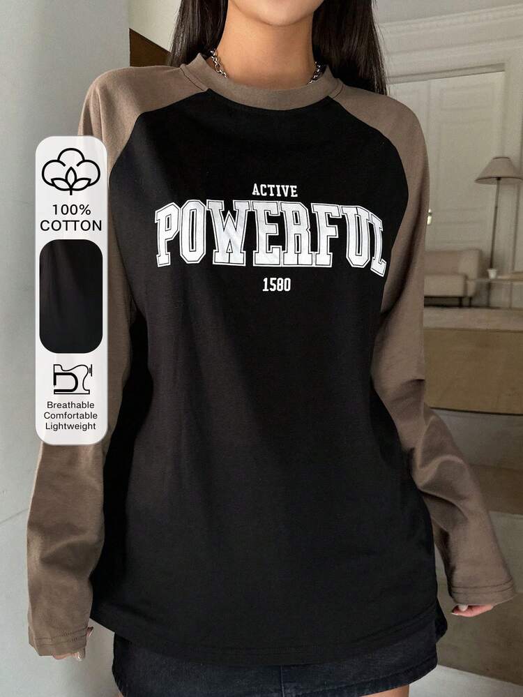 Letter Graphic Contrast Raglan Sleeve Tee Jersey,Fall Clothes Long Sleeve Women Tops