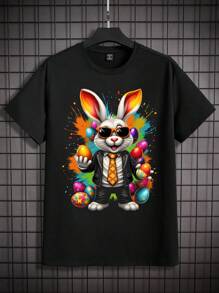 Manfinity VCAY Men's Knitted Fashionable Casual Easter Rabbit & Egg Print Loose Fit Short Sleeve T-Shirt - Black - View 1