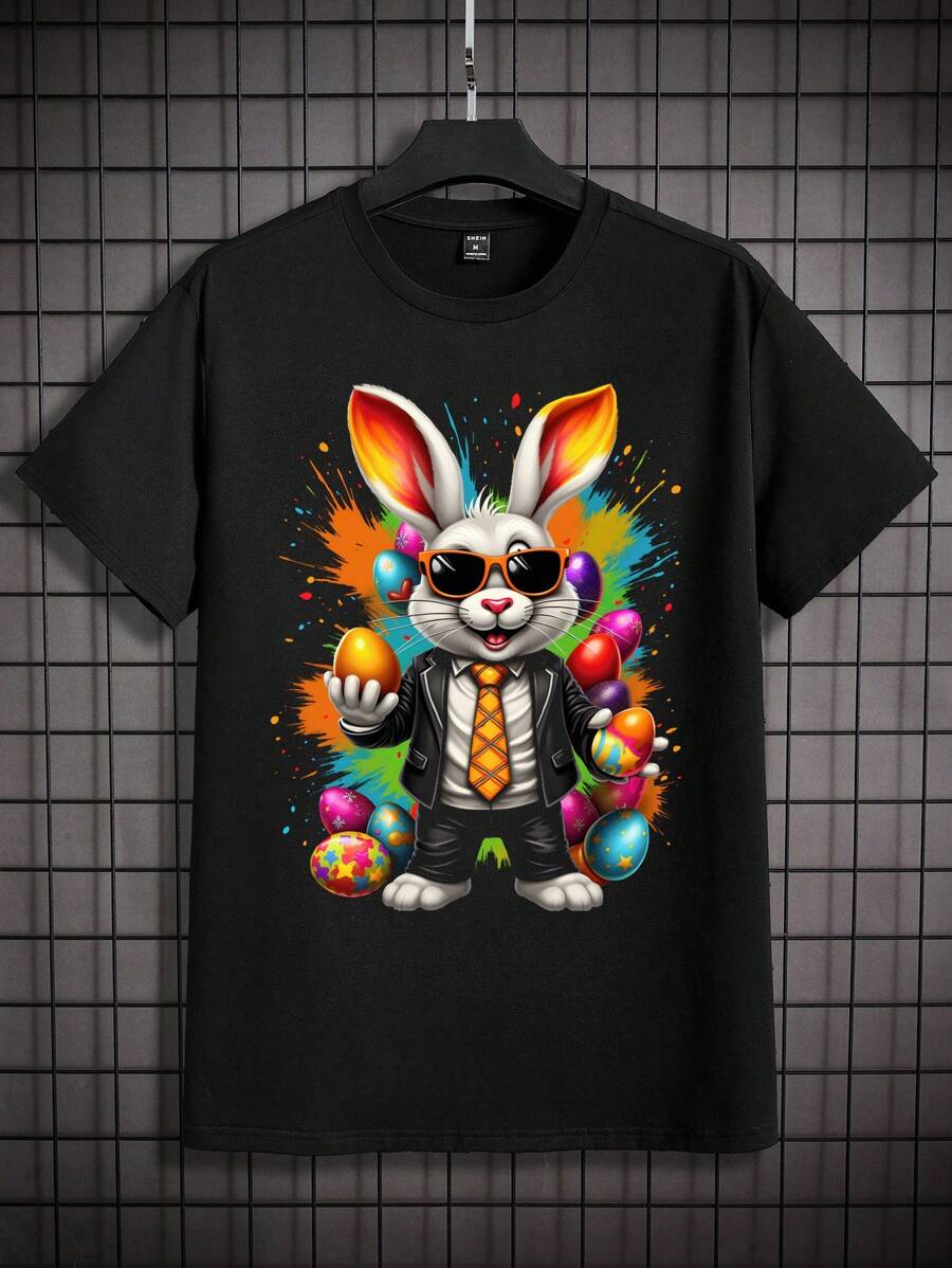 Manfinity VCAY Men's Knitted Fashionable Casual Easter Rabbit & Egg Print Loose Fit Short Sleeve T-Shirt - Black - View 1