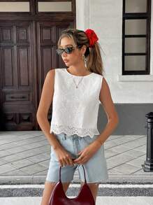 Pariaura Vacation Casual Solid Color Hollow Out Embroidery Sleeveless Shirt