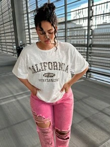 SHEIN EZwear 大码休闲宽松短袖印花白色 T 恤，夏季 / 夏季 / 夏季，春季 / 春季女士，海滩女士 / 海滩，女士早午餐，春假，音乐会女士 / 狂欢节 / 乡村音乐会 / 伊比沙岛 / 纳什维尔，女士春季 - 白色 - 查看 3