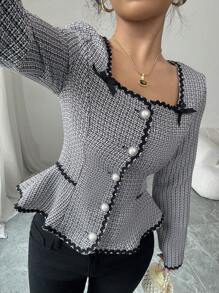 Elenzga Damen Bluse mit quadratischem Kragen, Knopfleiste, Langarm und Schleifensaum