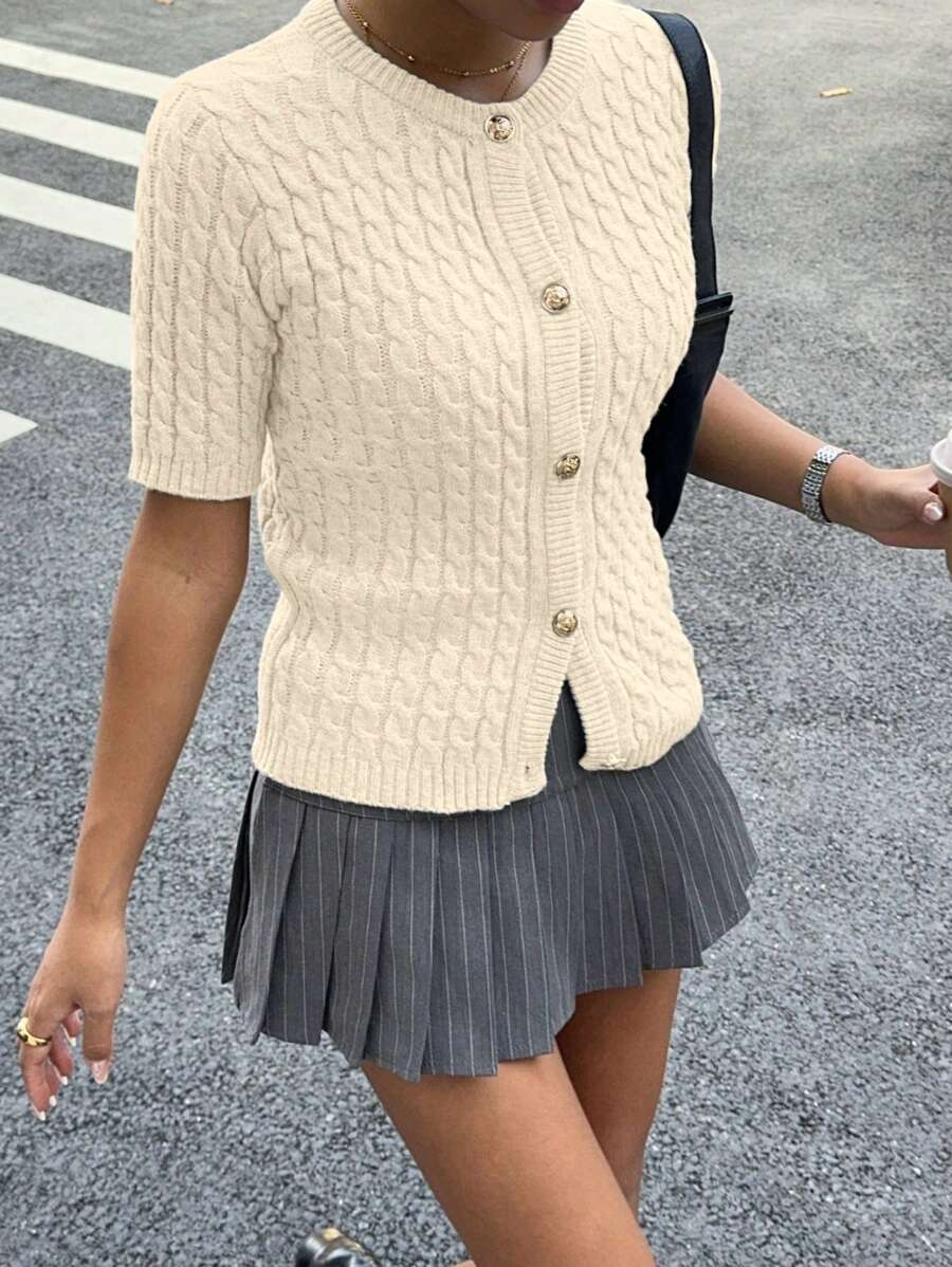 SHEIN Essnce Cárdigan de lana de manga corta para mujer, prenda exterior corta, estilo pequeño y fragante, cárdigan de lana retorcido, informal para mujer - Albaricoque - Ver 1