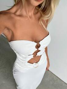 Aloruh Vestidos de mujer con hombros descubiertos, decoración de metal hueco con abertura, vestidos de primavera, vestidos de graduación, vestidos de Pascua, vestidos de playa, vestidos blancos, vestidos largos