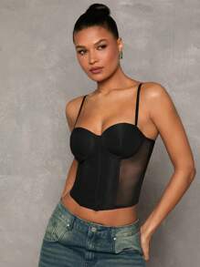 Glamine Sexy Mesh Patchwork Solid Woven Wire Rim Camisole Tank Top For Women - Black - View 7