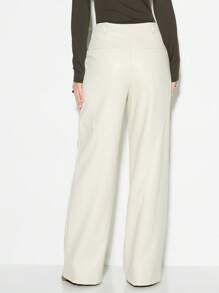 KIZN 奢华高腰阔腿仿皮裤，专业办公室阔腿裤，优雅晚装秋冬时尚下装，带侧袋 - 白色 - 查看 3