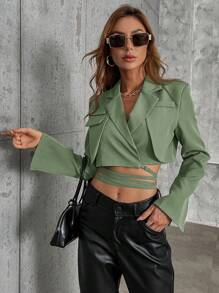 EMERY ROSE Lapel Collar Flap Detail Wrap Knot Back Crop Blazer  Fall Cloth For Women - Green - View 4