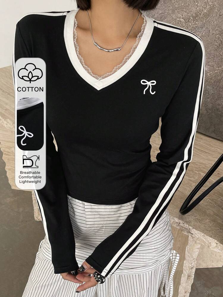 Women Butterfly Print & Contrast Striped Side V-Neck Long Sleeve Casual Sports Tee