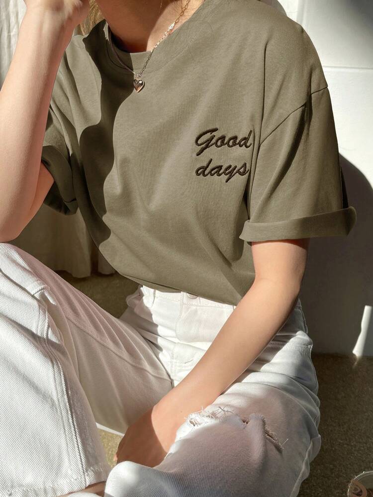 Women Short Sleeve T-Shirt With Letter Embroidery And Round Neck, Suitable For Summer Preppy Tops
