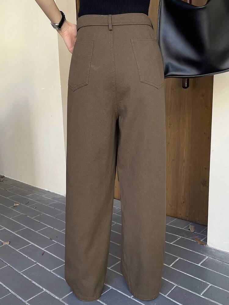 Women Casual Solid Color Waistband Pocket Pants