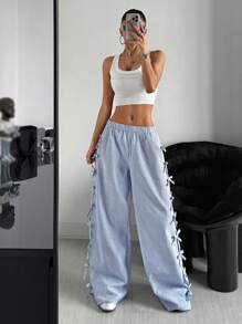 SHEIN ICON Spring And Summer Blue And White Casual Low Waist Side Tie Bow Striped Wide Leg Pants - Blue - View 3