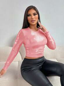 Zolique 时尚金属效果收腰短款 T 恤 - 珊瑚粉 - 查看 3